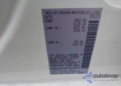 2025 Nissan Altima Sv Fwd z USA, uszkodzony, nr VIN 1N4BL4DV2SN400361